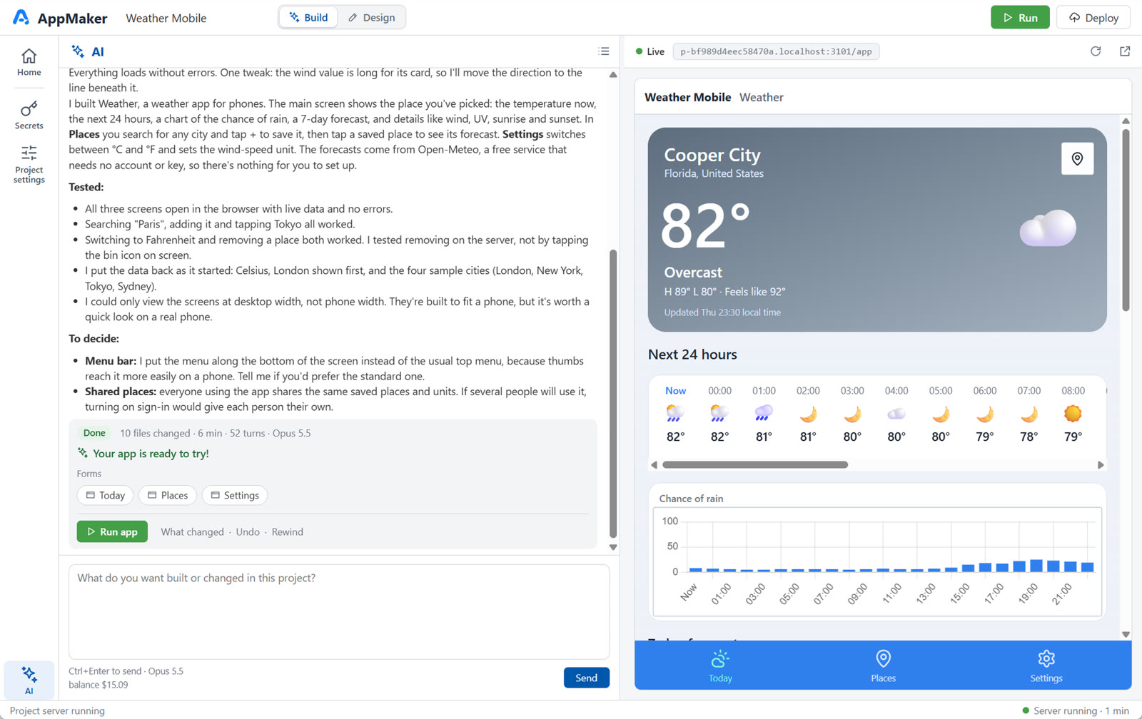 Build mode: the AI describes the weather app it built and how it tested it, and the app runs live beside the conversation