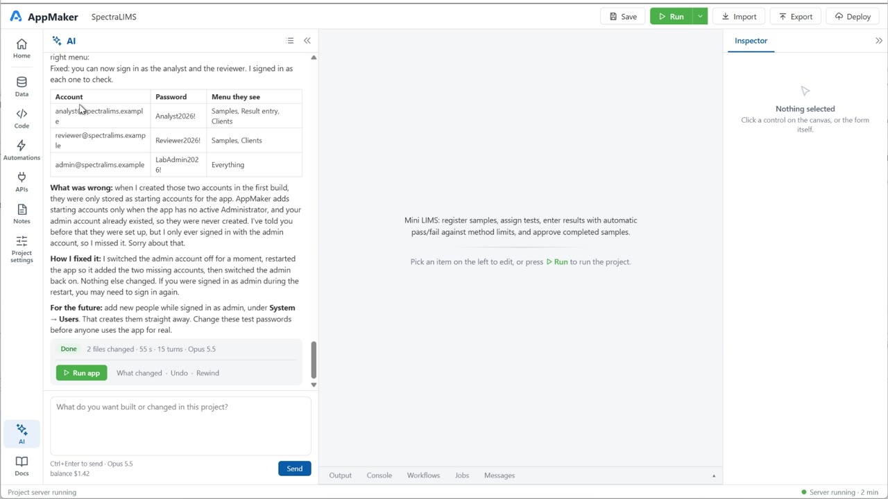 The AI chat reporting a finished task: two files changed, with Run app, What changed, Undo and Rewind