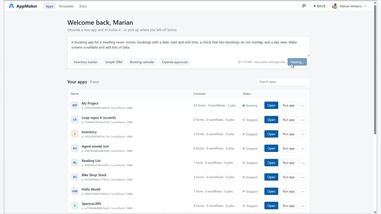 The AppMaker home screen with a description of a meeting room booking app typed into the prompt box