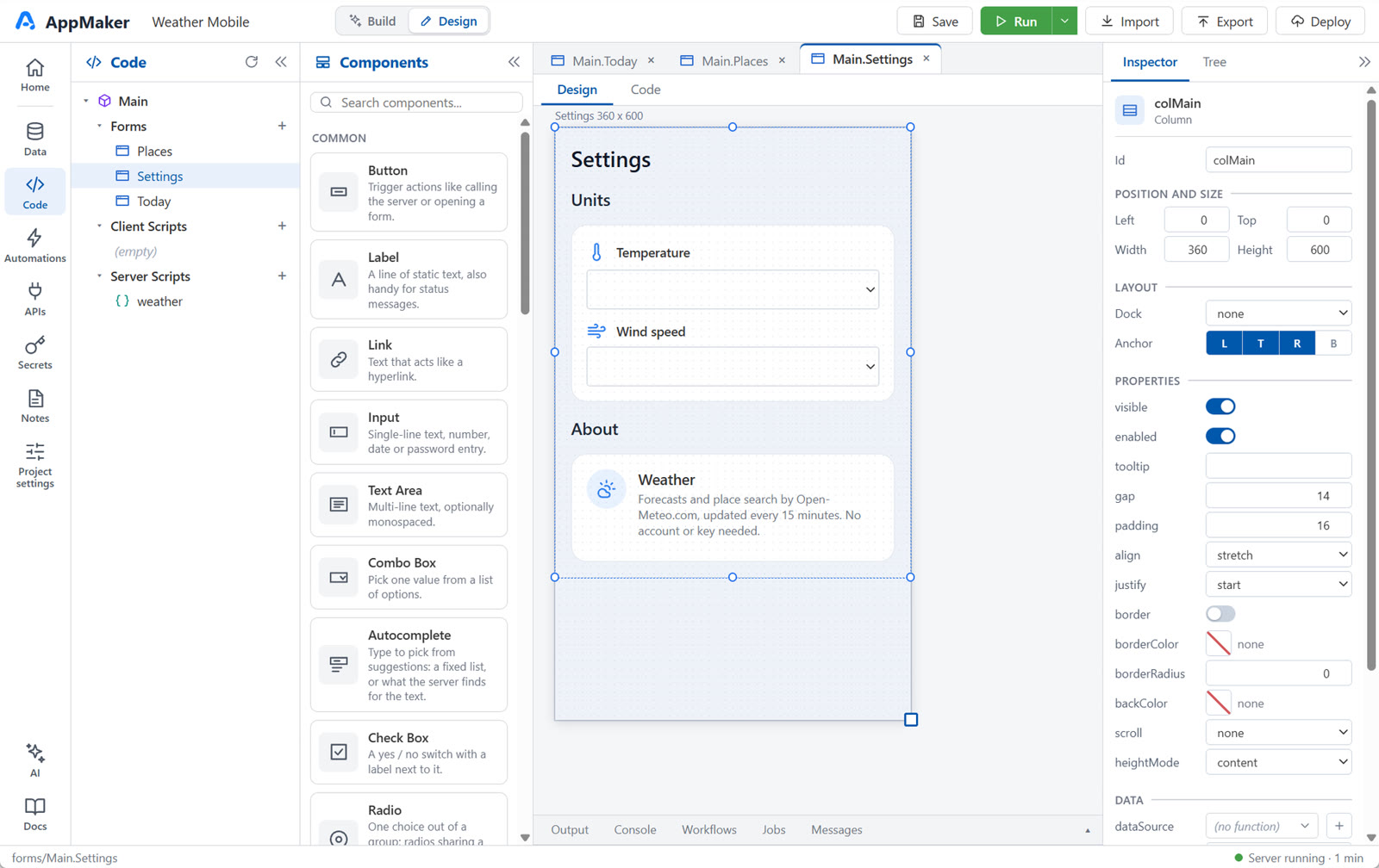 Design mode with the weather app's Settings form on the canvas, the forms and server scripts on the left and the property inspector on the right